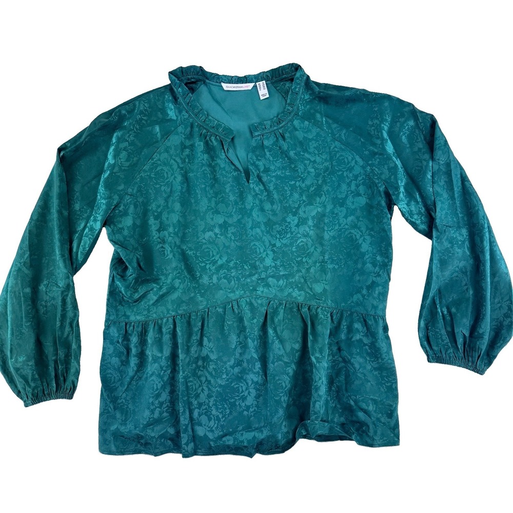 Isaac Mizrahi Live! Stretch Jacquard Shirred Peplum Blouse‎ 16 Regular Green